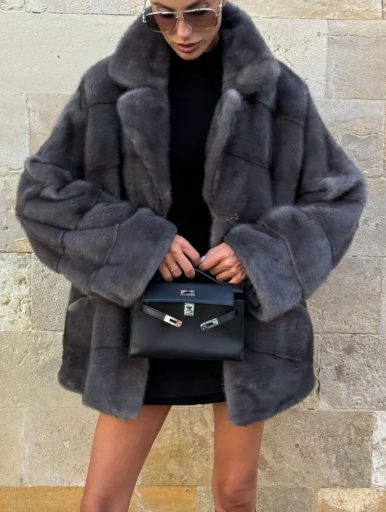 Короткая норковая шуба с английским воротником - цвет графит - фото 2