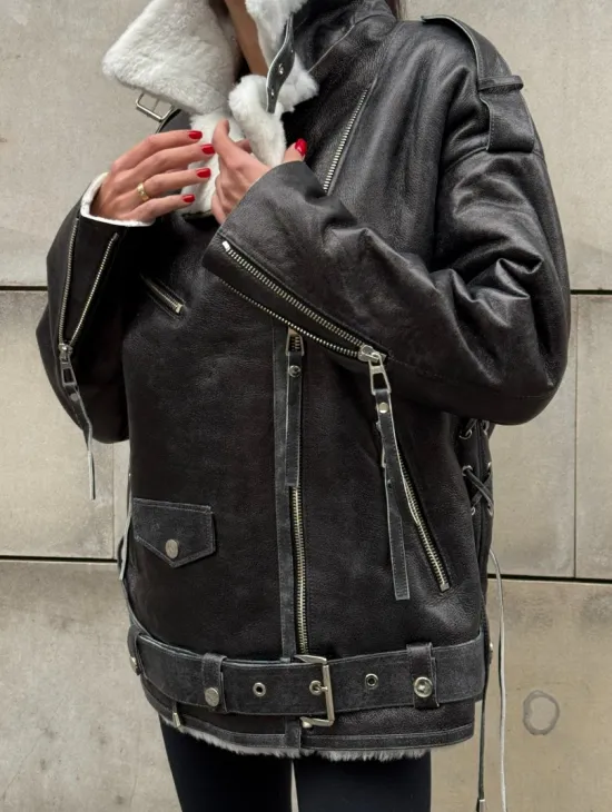 Дубленка-авиатор из натуральной овчины Dark Grey Vintage, со шнуровкой по боковому шву - фото 5