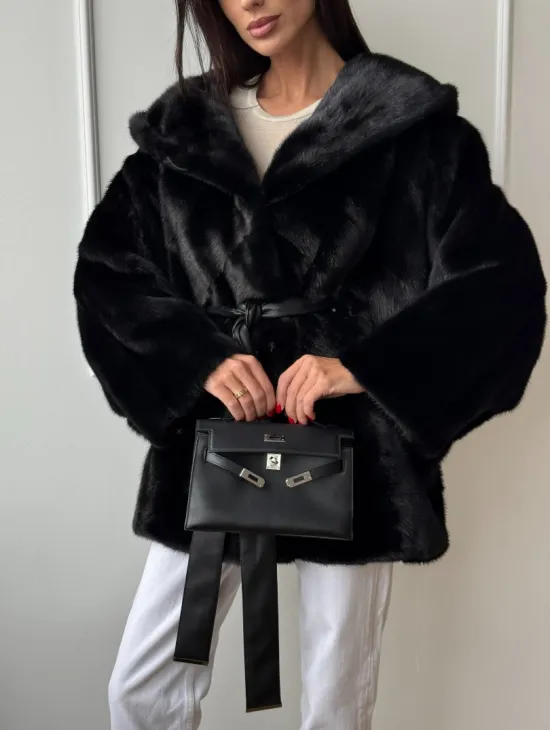 Летучая мышь шуба из меха норки Black с капюшоном - паркет - фото 2