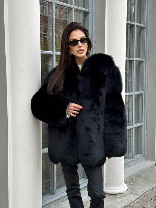 Шуба - жакет из меха песца цельные платины TOTAL BLACK - фото 7
