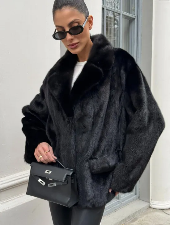 Черная норковая шуба - жакет с английским воротником - фото 6