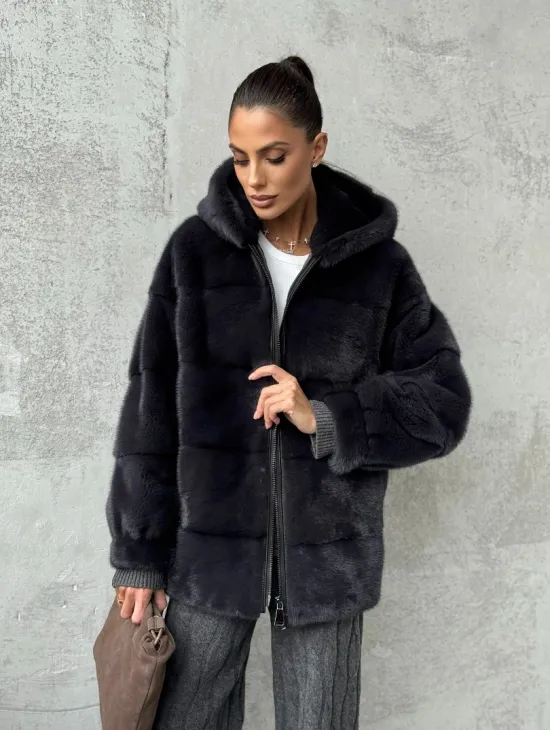 Норковый полушубок - куртка из меха норки с капюшоном графит - фото 7