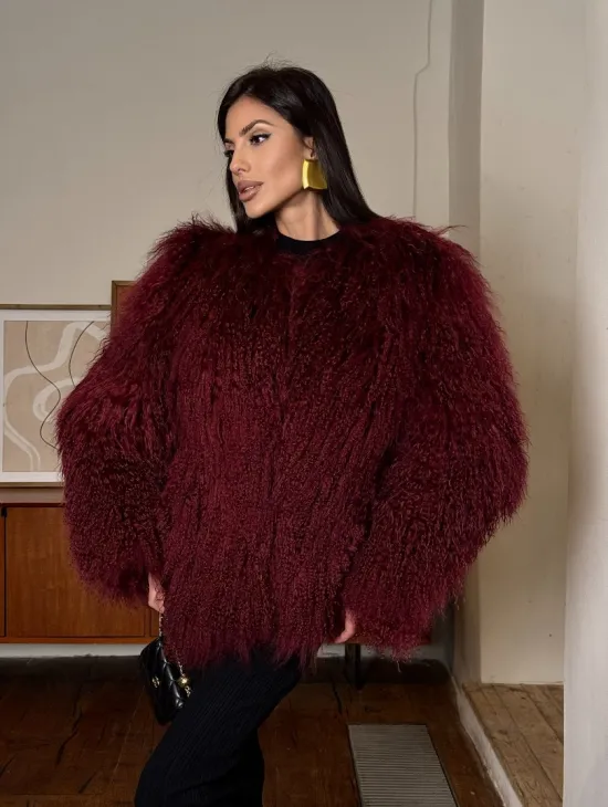 Шуба из меха ламы цвет Burgundy - фото 9