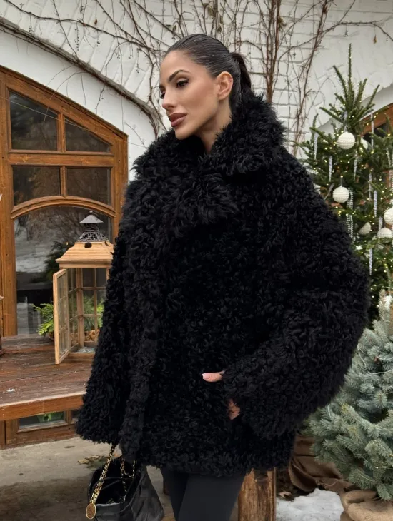 Черная короткая шуба - дубленка из испанской овчины «Тиградо» - фото 7