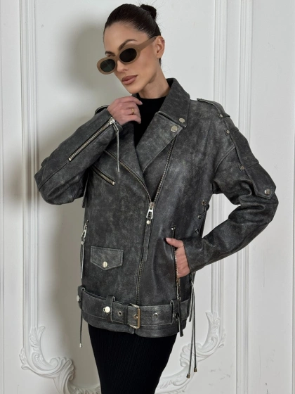 Косуха женская из натуральной кожи Vintage со шнуровкой - цвет серый - фото 4