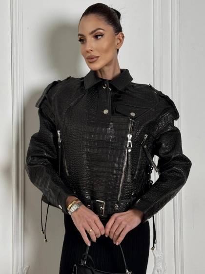 Укороченная куртка из натуральной кожи «CROCO» BLACK со шнуровкой на спине - фото 3