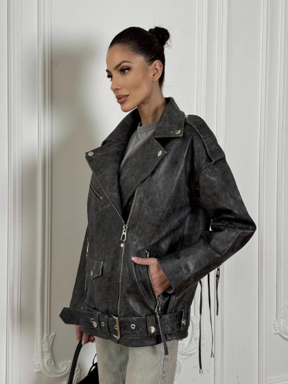 Женская кожаная куртка авиатор со шнуровкой на спине Dark grey - фото 7