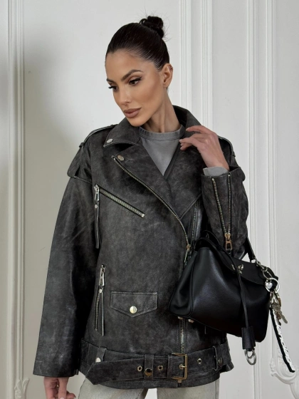 Женская кожаная куртка авиатор со шнуровкой на спине Dark grey - фото 5
