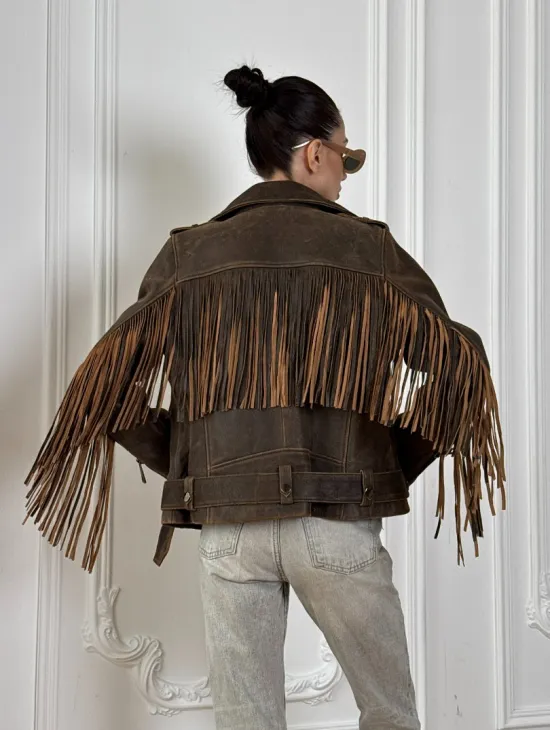Коричневая кожаная куртка - косуха с бахромой. Мотоциклетная куртка, демисезон - фото 5