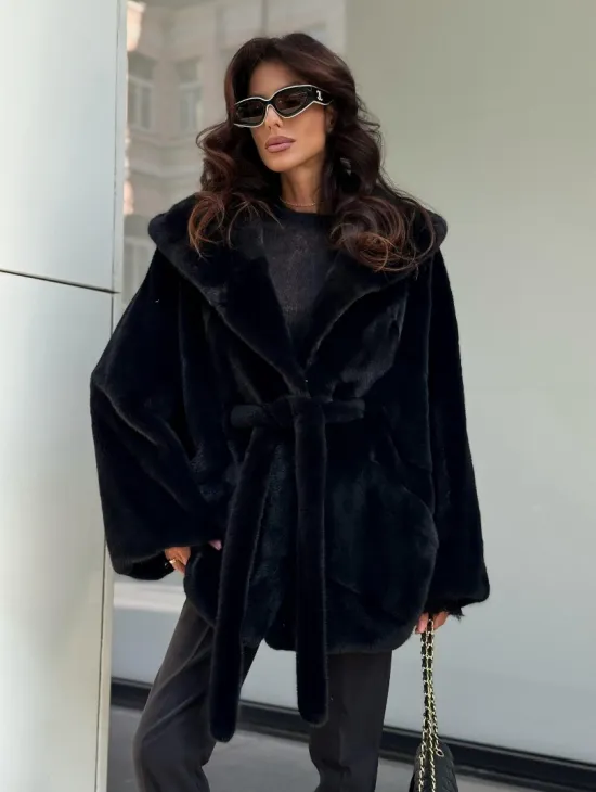 Пончо из норки с капюшоном кобра - черно-синий - фото 0