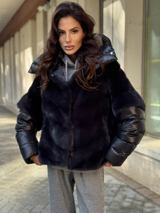 Женская меховая норковая куртка -темный графит - фото 2