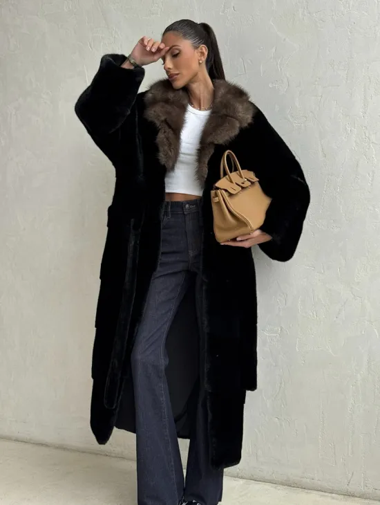 Черная норковая шуба - воротник куница - фото 8
