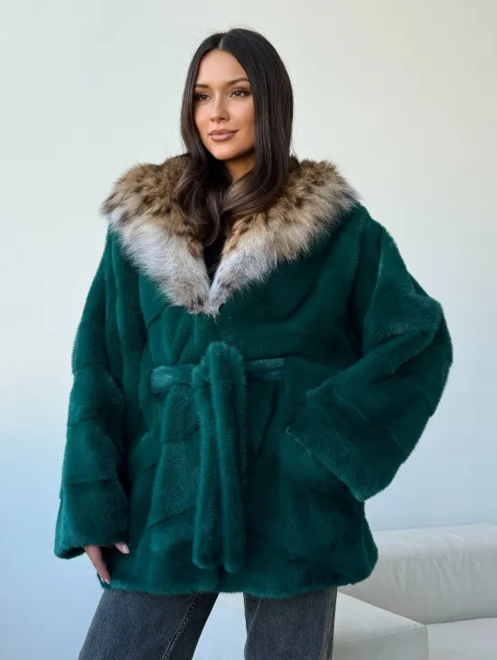 Норковая шуба с капюшоном из рыси - фото 0