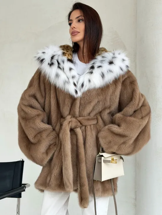 Шуба норковая пастель в роспуск с капюшоном под рысь - фото 5