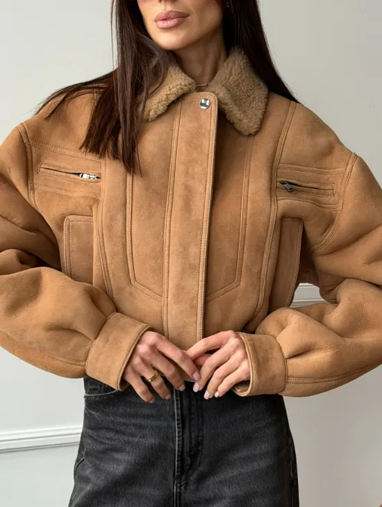 Зимняя женская дубленка - бомбер - фото 2