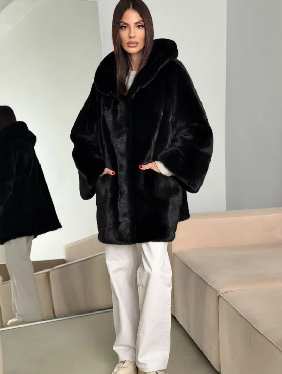 Норка шуба BLACKGLAMA паркет кимоно с капюшоном - фото 4