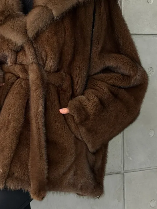 Полушубок норковый летучая мышь - капюшон куница - фото 1