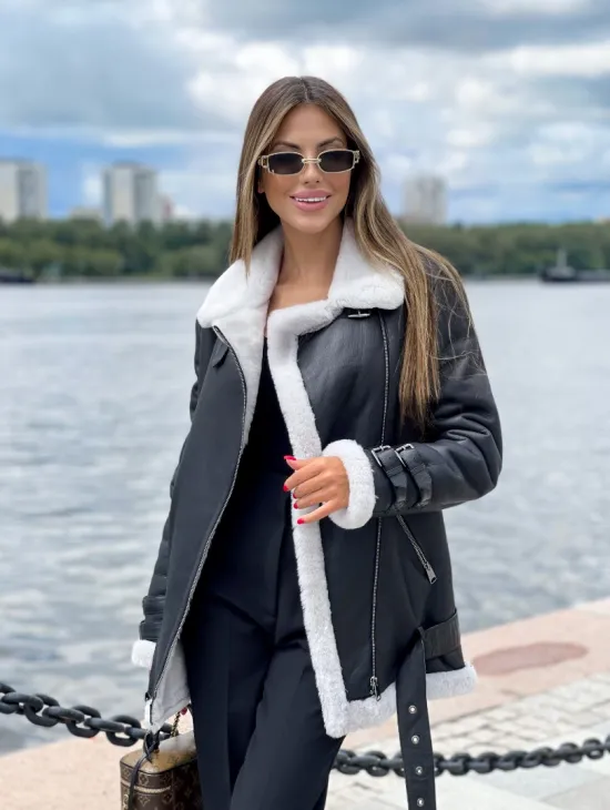 Черный авиатор на белой овчине - фото 0