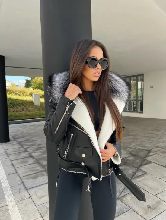 Авиатор из натуральной кожи с воротником из чернобурой лисы - фото 3