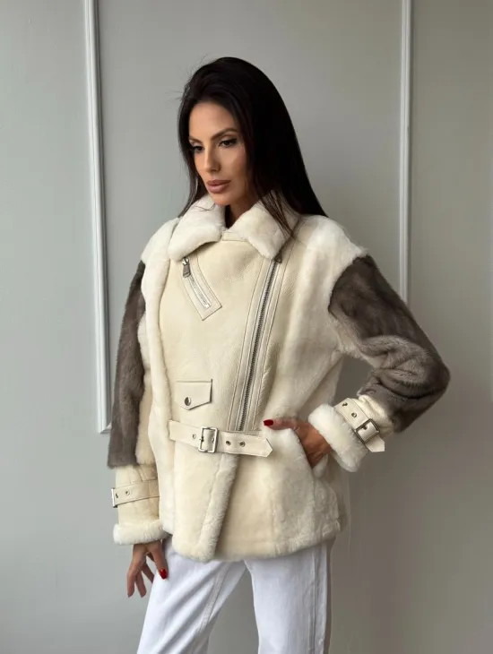 Дубленка из натуральной овчины с рукавами из меха норки - фото 7