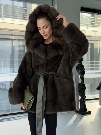 Норковое пончо шуба с капюшоном из меха куницы dark olive - фото 7