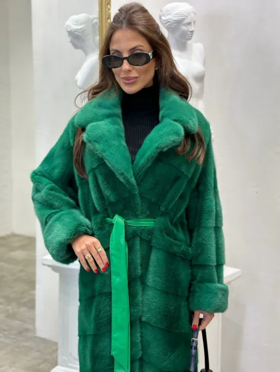 Шуба из аукционной норки с английским воротником - цвет изумруд - фото 1