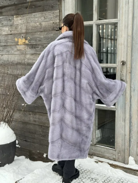 Шуба норковая в стиле Oversize - цвет серый сапфир - фото 4