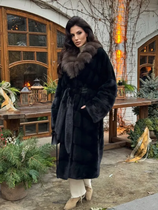 Норковое кимоно с воротником из меха куницы - цвет черный изумруд - фото 10