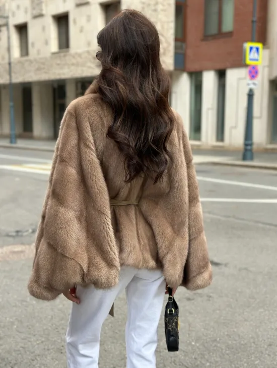 Шуба автоледи из норки цвет бежевый - фото 2